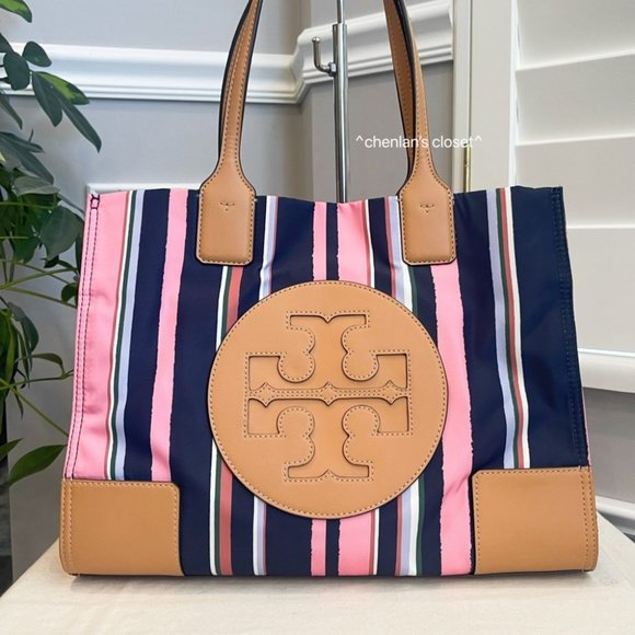 Tory Burch Handbags - Tory Burch Navy, Pink & Tan Striped Tote